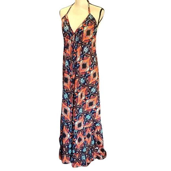Bhoom Silky Ruffle Hem Halter Maxi Long Dress, One Size Geometric Print - Picture 9 of 9